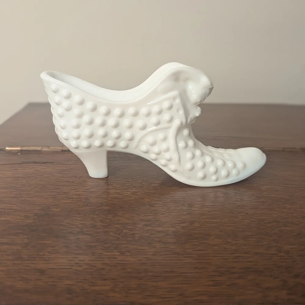 Fenton Milk Glass Hobnail Cat Head Slipper - White Glass Shoe Figurine Prosperit